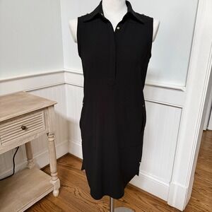 Cache Black Sleeveless 90s Collared Shirt Dress With Gold Button Accents Size XS